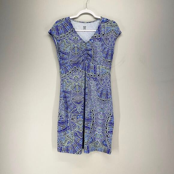 Title Nine Diamalete Fit Flare Dress Womens Small Blue Geometric Print VNeck - Picture 1 of 8